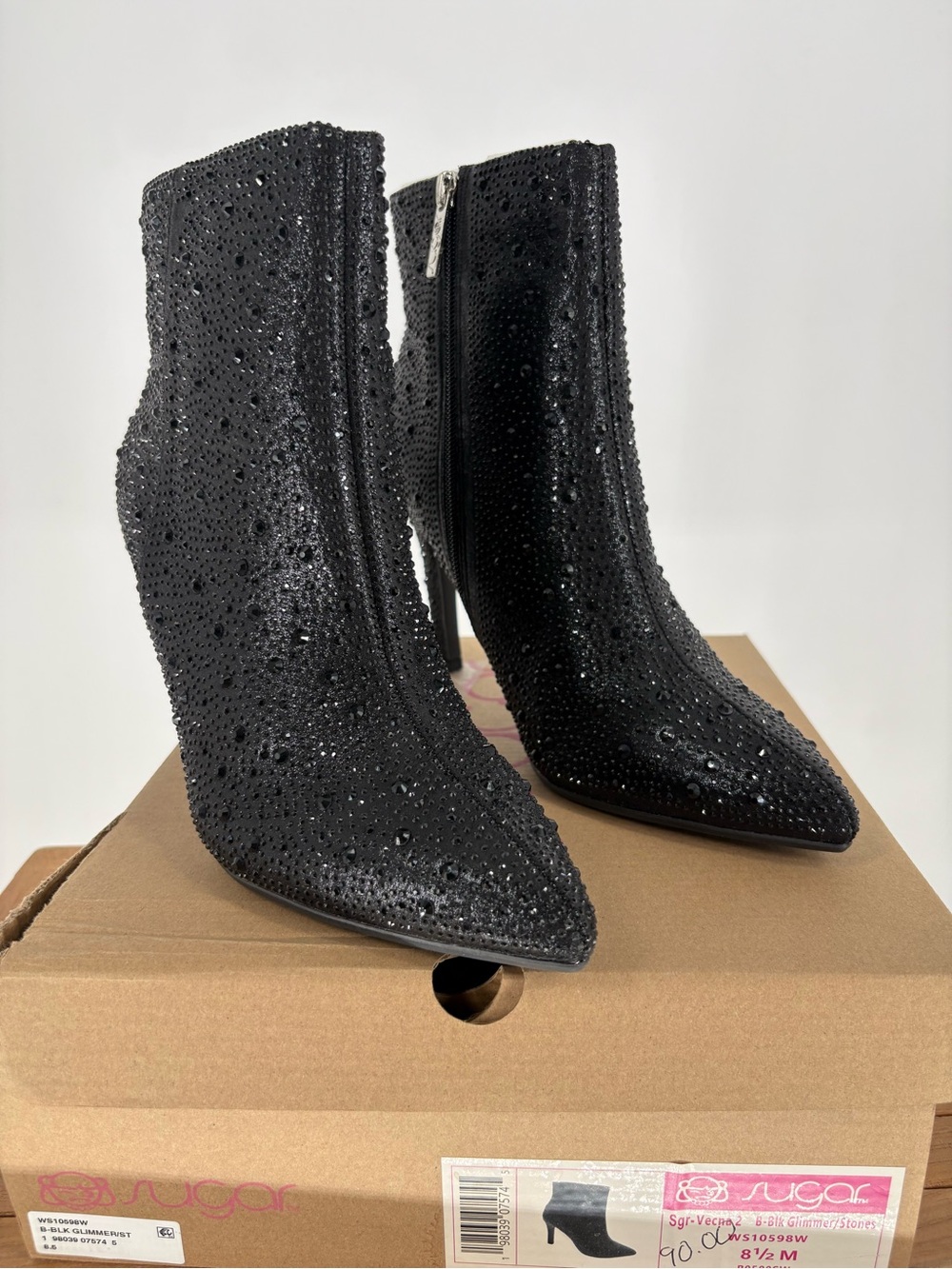 New women’s Sugar Black Crystal Embellished Pointed-Toe Ankle Boots - Women